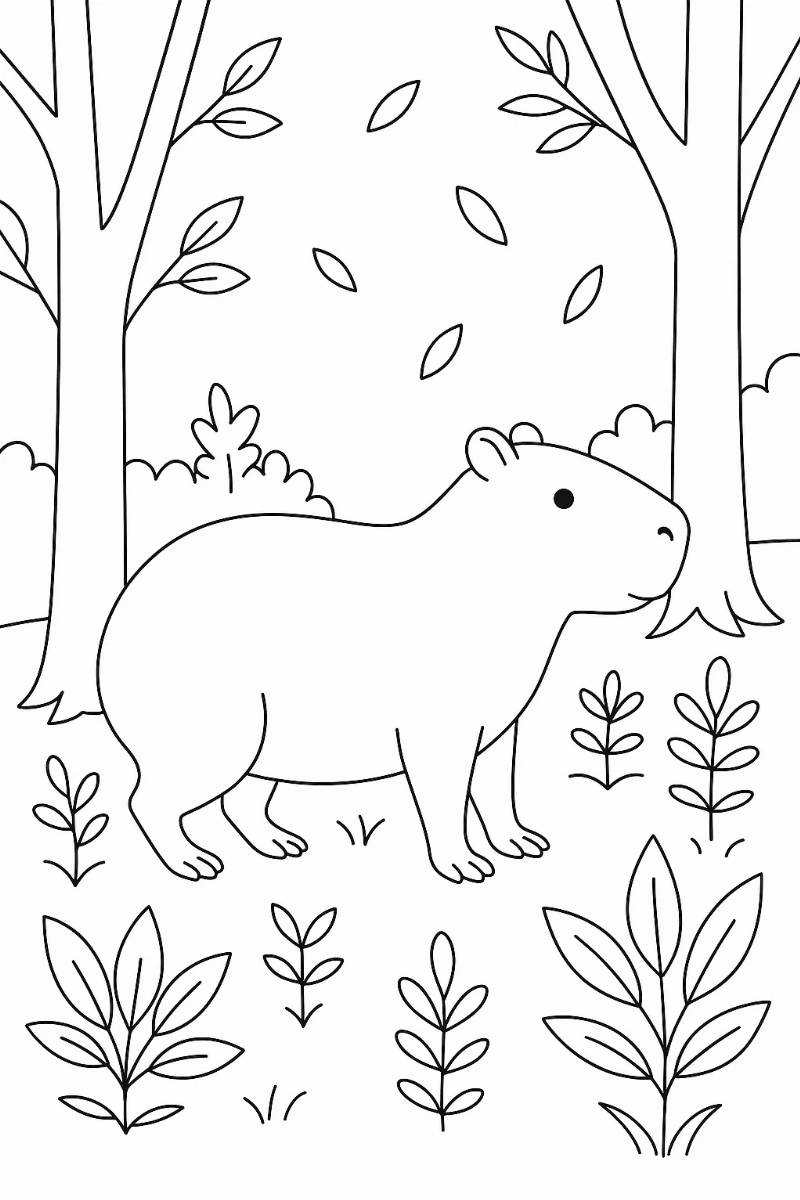 Desenho de Capivara em um Bosque para Colorir